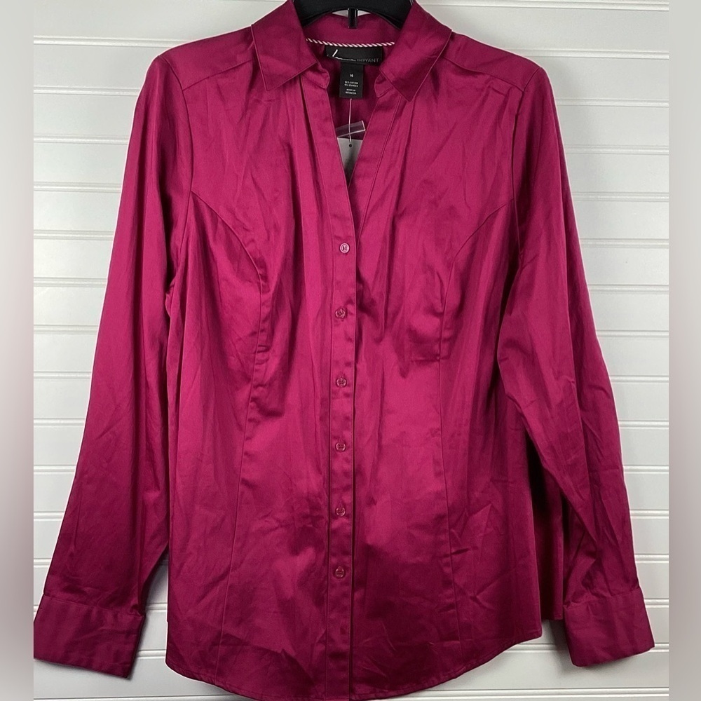 Lane Bryant NWT Top Sz 16 Fuchsia Pink Long Sleeve Button Up Shirt Sheen